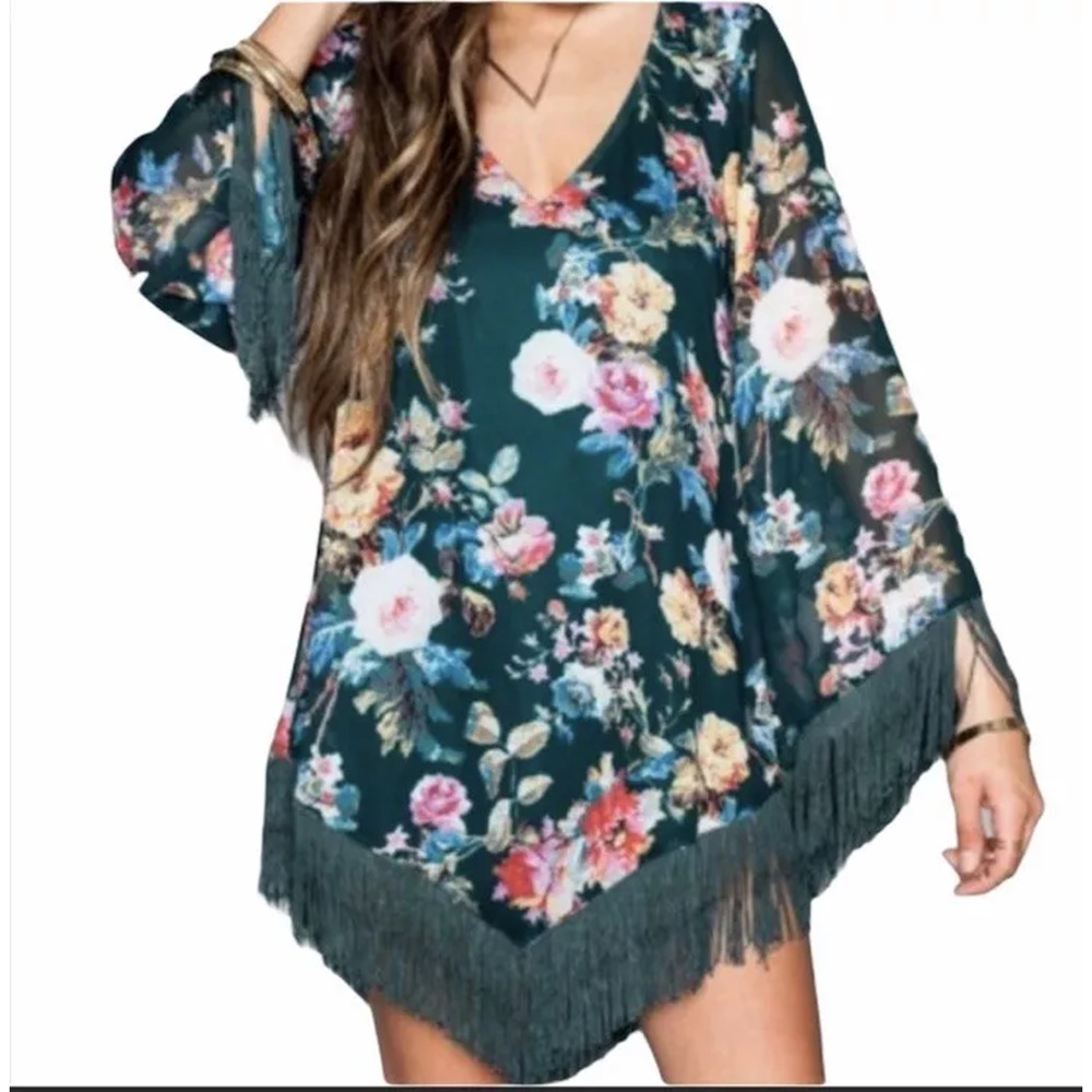 Show Me Your‎ Mumu Womens Mini Shift Dress Rodeo Fringe Floral Green Size XS